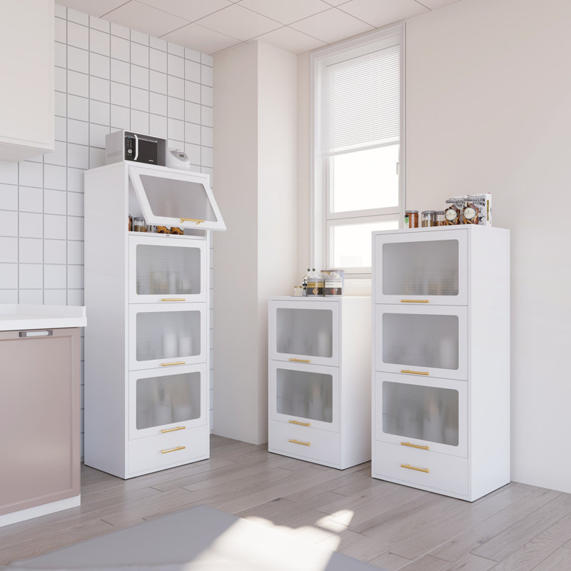 Vitrine de rangement à 3 niveaux avec portes rabattables, Blanc