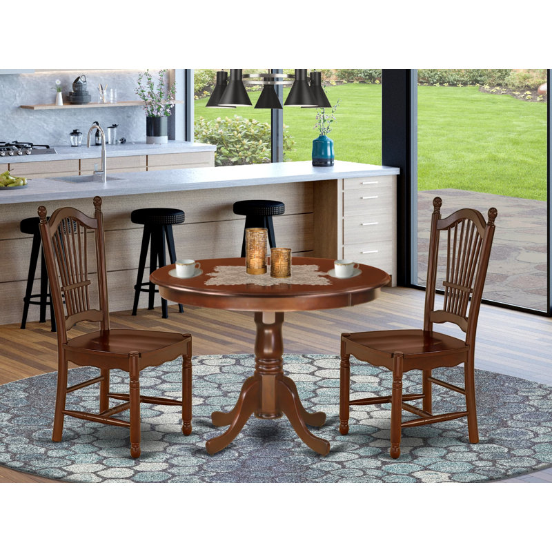 3 Piece Kitchen Table & Chairs Set Contains a Round Dining Room Table with Pedestal and 2 Dining Chairs, Mahogany, Mahogany
