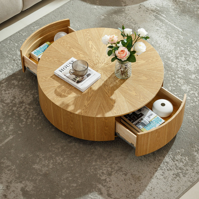 35.4" Round Natural Oak Coffee Table with Hidden Storage, Handcrafted Wood Grain Top, Minimalist Design with 2 Drawers