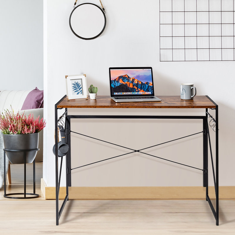 Lyka Foldable Steel and Iron Computer Desk, Rustic Brown