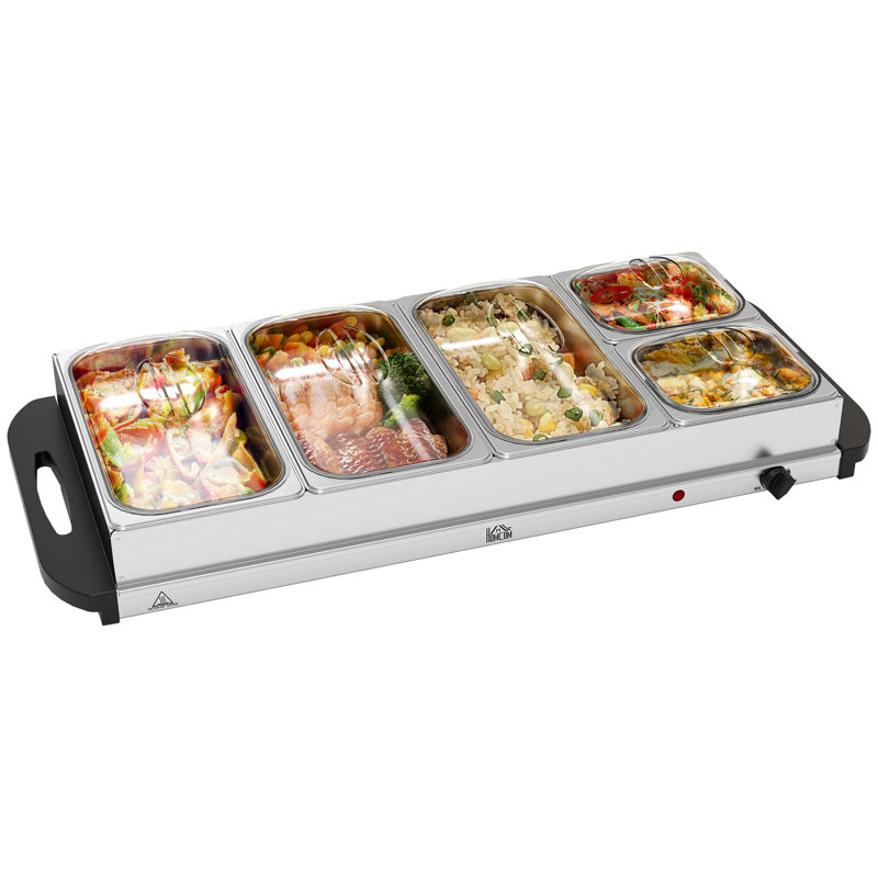 Electric Electric Food Warmer 5 Tray, 9.2L Buffet Server with Lids, Silver