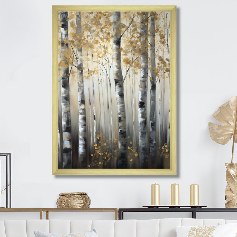 «Birch Tree Forest Wonderland V», reproduction sur toile, Encadrement doré, H 32 po x l 16 po