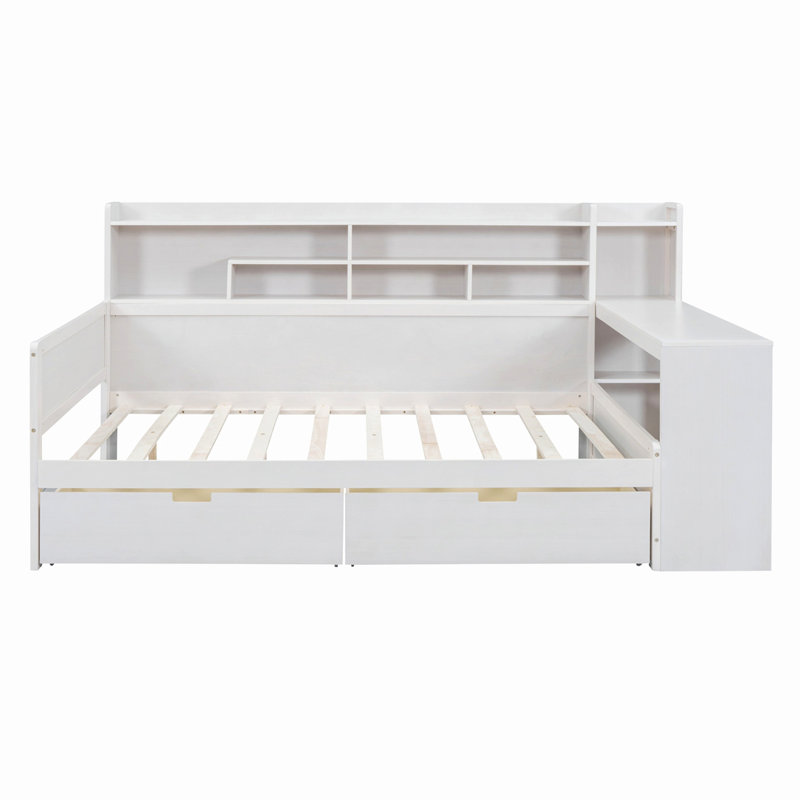 Lit de jour en bois avec tablettes de rangement, Naturel, Double