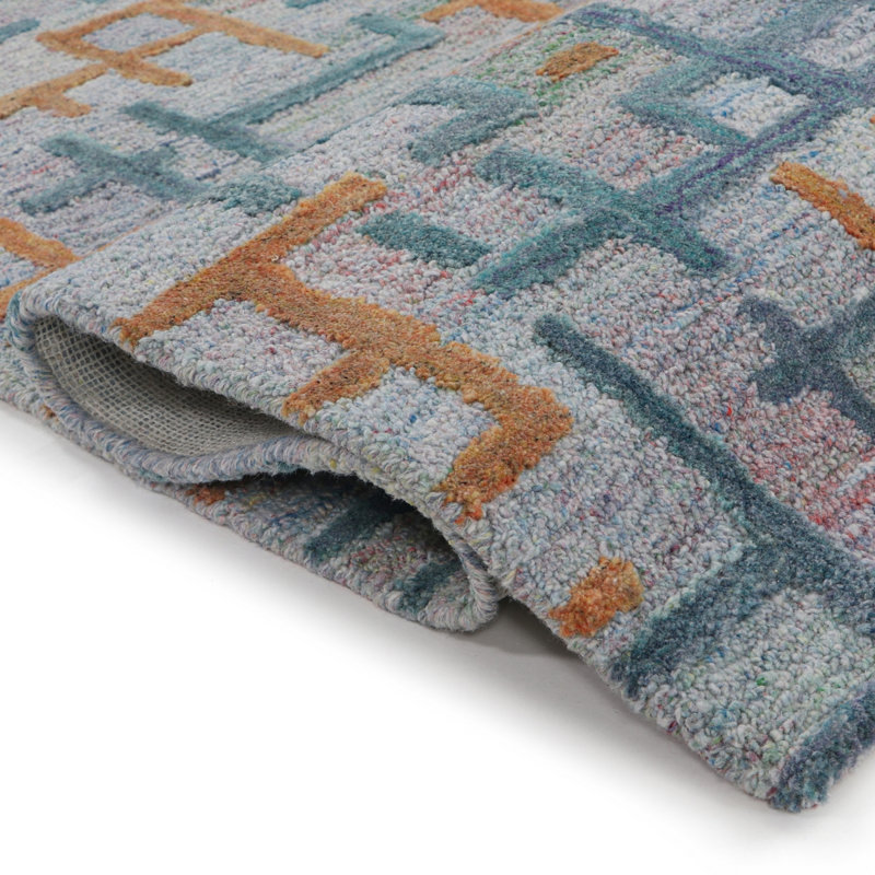 Campbell Hand-Tufted Geometric Indoor/Outdoor Rug Blue/Teal/Orange, Runner 2'6" x 5'