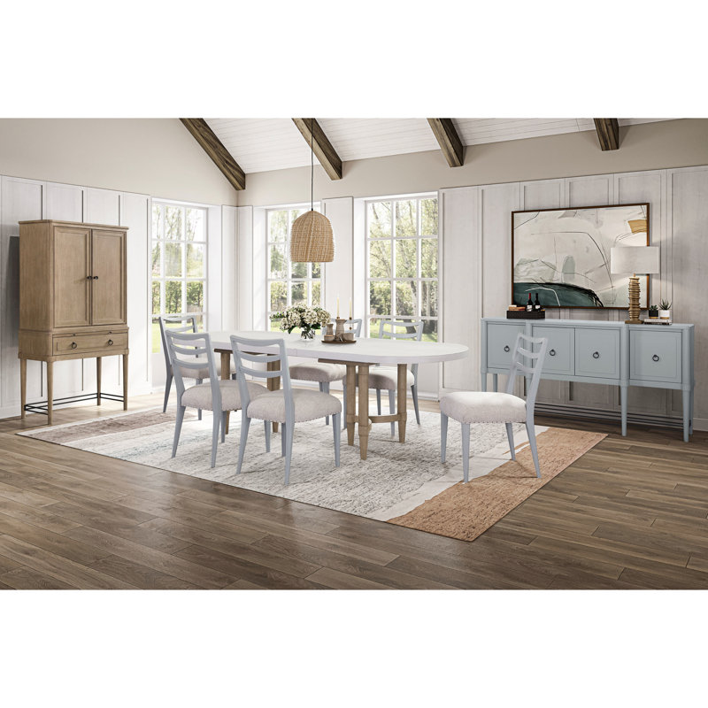 Table de salle à manger à double caisson avec rallonge extensible de 20 po, l 98 po, finition sable, bois massif et base transitionnelle décontractée triade