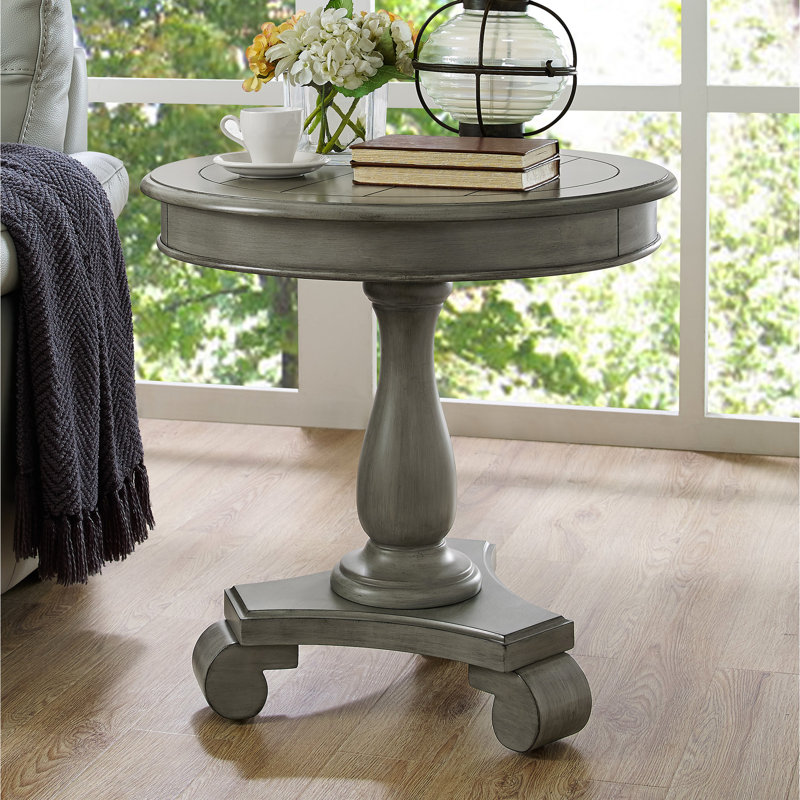 Table d'appoint grise ronde sur piédestal - H 26,5 po, extrémité en bois élégante de 26 po de diamètre, pratique