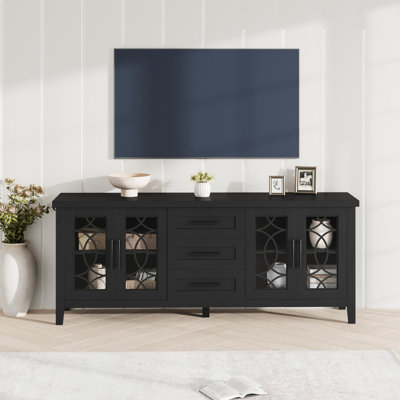 Meuble télé de style campagnard noir 70 pouces avec porte vitrée 2 armoires de rangement et 3 tiroirs polyvalents pour le salon ou la chambre à coucher
