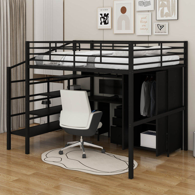 Lit mezzanine double en métal avec ensemble de table et garde-robe