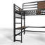 Lit mezzanine Queen avec bureau intégré en forme de L, étagères de rangement et lampes de chargement USB