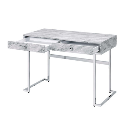 Rectangular Writing Desk, 2 Drawers, White Engineered Stone Top, Chrome Base | Gift Idea