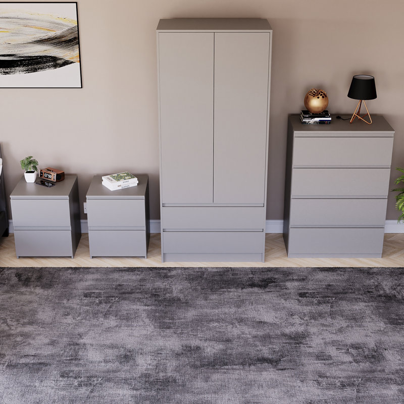 Tanino 4 Piece Bedroom Set (2 Drawer Large Bedside Chest X2, 4 Drawer Chest, 2 Door 2 Drawer Wardrobe), Grey