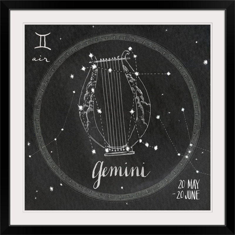 "Night Sky Zodiac" Night Sky Gemini "par Sara Zieve Miller, reproduction d'art, H 28 x l 28 po x P 1 po, Cadre noir