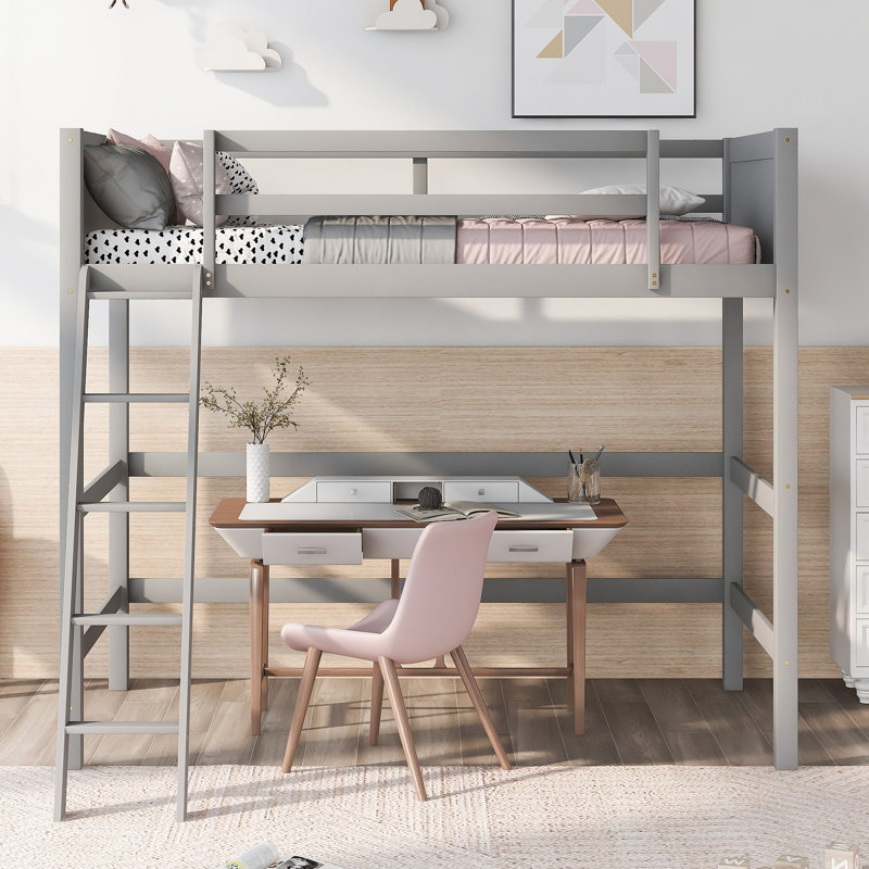 Lit mezzanine en bois massif avec échelle, Gris