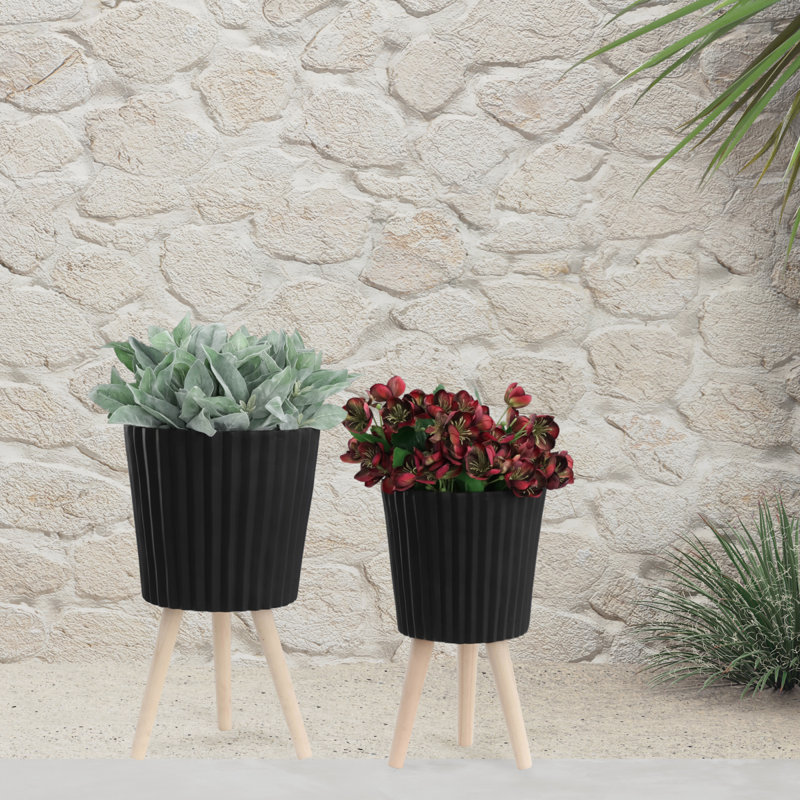 S / 2 DÉCORSEUR RIDGED 10/12 "AVEC PIEDS EN BOIS, NOIR (KD)