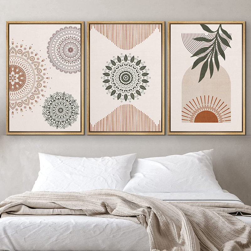 Mid Century Modern Boho Geometric Mandala Pattern Forest Plant - 3 Piece Floater Frame Graphic Art Set on Canvas, Natural