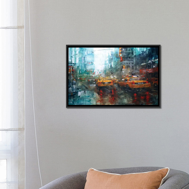 « times square réflexions », impression sur toile tendue, H 18 po x l 26 po x P 1,5 po, Toile avec cadre noir, Pas de tapis