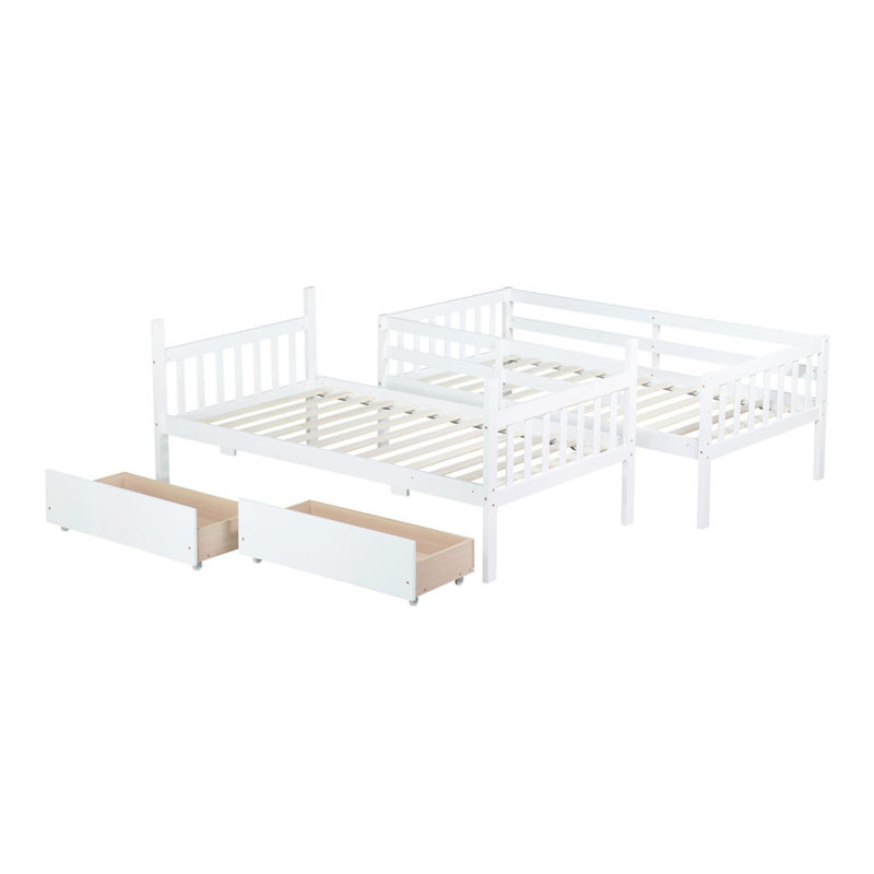 Lit superposé simple en bois d'hévéa simple avec 2 tiroirs, convertible en 2 lits simples, lit superposé simple avec échelle et barrières de sécurité