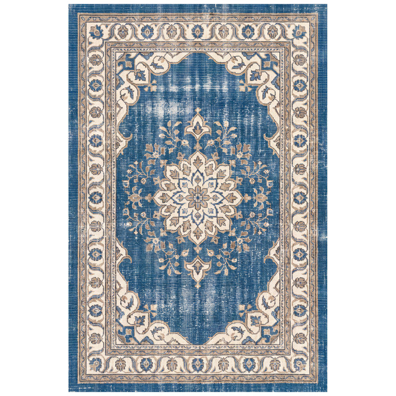 Tapis Chromite d'aspect vintage bleu ivoire or gris beige antidérapant à poils courts pour l'intérieur et l'extérieur, adapté aux animaux domestiques, salon, chambre, salle à manger, entrée, couloir, bureau, lavable