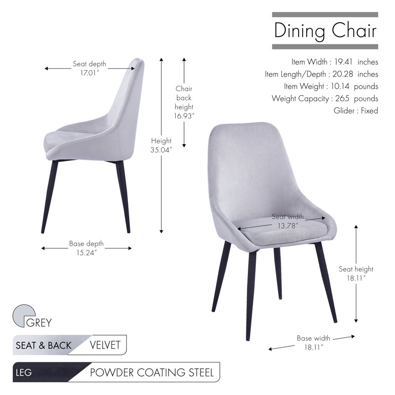 46cm H Velvet Upholstered Side Chair, Grey