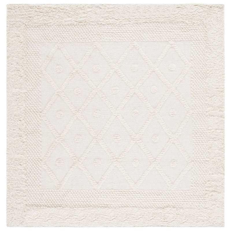 Inelda Hand Knotted Wool/Cotton Geometric Rug in Ivory, Square 6'