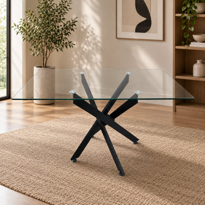 Table de salle à manger en verre avec cadre noir, plateau rectangulaire en verre trempé de 121,3 cm (47,77 pouces), 6 couverts, pour cuisine et salon