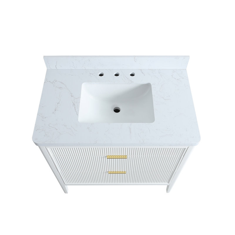 Meuble-lavabo autoportant avec comptoir en marbre artificiel et lavabo, 36", Blanc