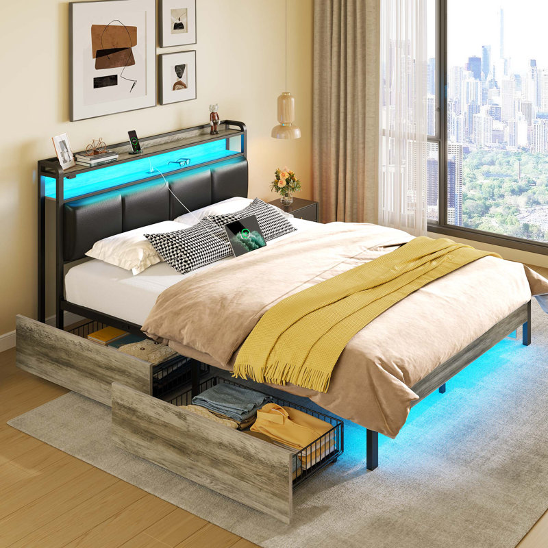 Bed Frame with Headboard, Upholstered Platform Bed with 4 Drawers, Charging Station&LED Lights, Gray, Full/Double