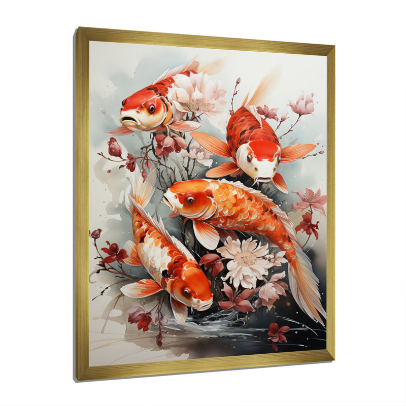 " Fishing Contemporary Koi Fish I ", 20" H x 12" W x 1" D, Gold Picture Framed