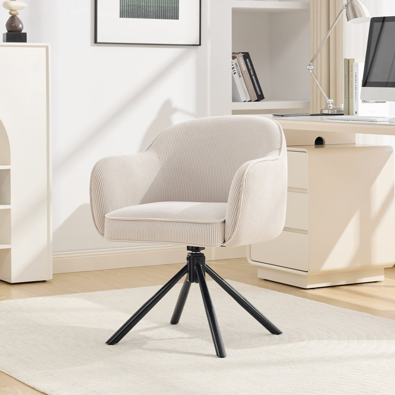 Chaise de bureau pivotante en velours côtelé avec accoudoirs fixes et base en métal noir, Beige