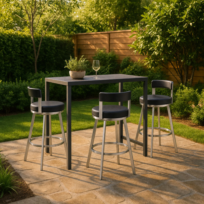 Tabouret tournant 30 "Flynn avec base en acier inoxydable brossé et siège rembourré noir