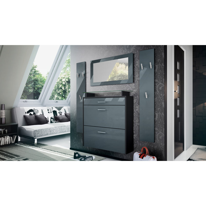 Mccarroll Hall Tree with Shoe Storage, Glossy grey/Matt black