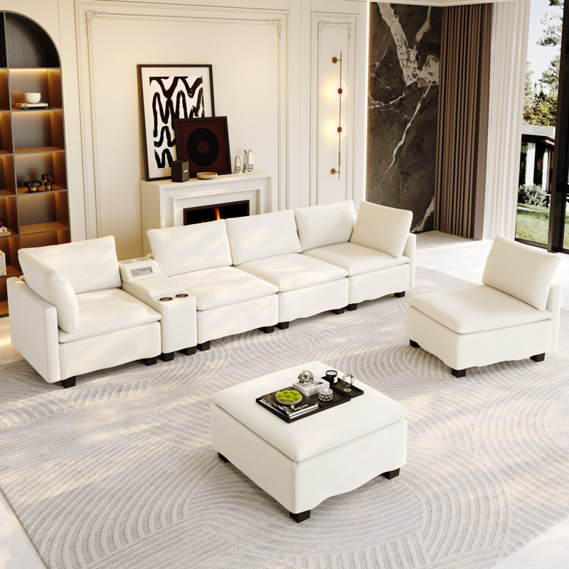 Canapé modulaire en nuage de 121 po de large avec console intelligente, canapé-lit convertible en forme de U avec haut-parleur Bluetooth, ports USB / type-c, rangement caché et 6 coussins décoratifs