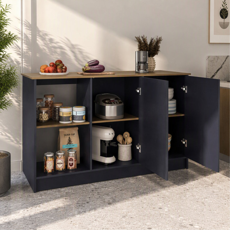 Îlot de cuisine Juniper avec grand comptoir de salle à manger, armoire à deux portes avec tablettes de rangement intérieures et deux tablettes ouvertes