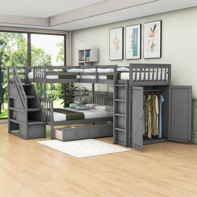 Lit superposé simple en L à 3 tiroirs Jaritsa avec bureau portable et garde-robe