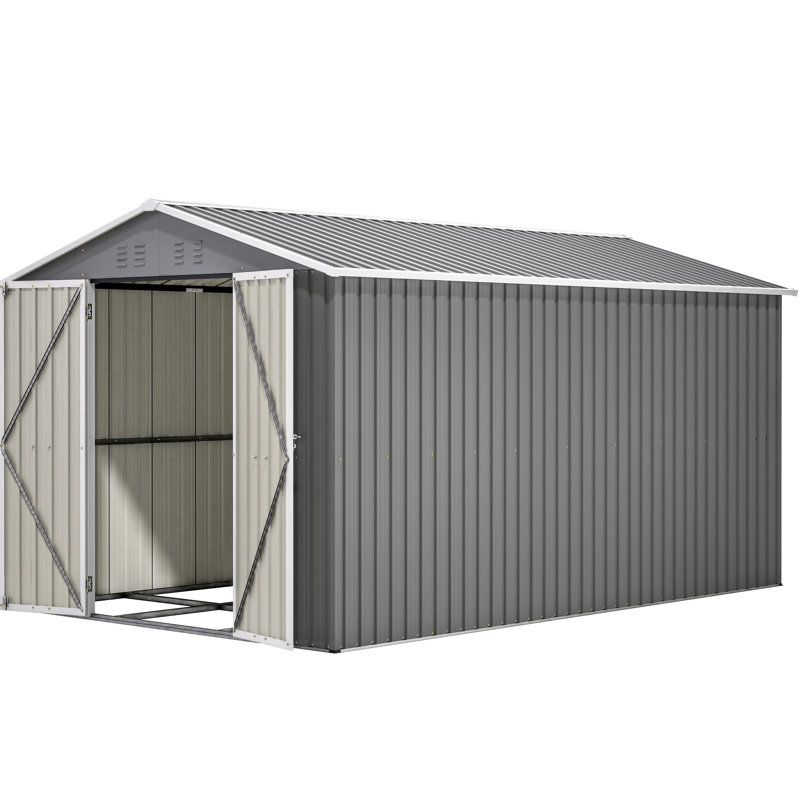 8x12 Ft Lockable Metal Garden Tool Storage, Grey, Aluminum Frame, Ample Room For Bicycles, Double Doors Quick And Easy Access To Storage Large Grey Outdoor Shed With Door, Essentials, Convenient Dual