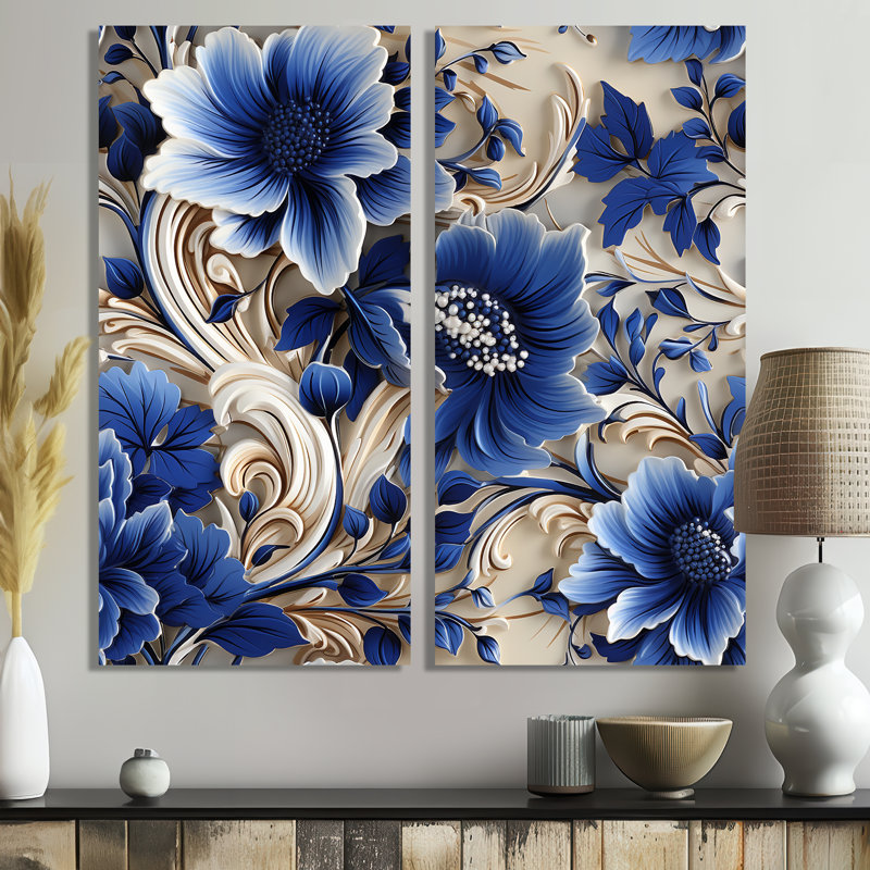 Motif floral victorien bleu et blanc cobalt - impressions sur toile bleues, 2 pièces, H 20 po x l 24 po, Ne s’applique pas