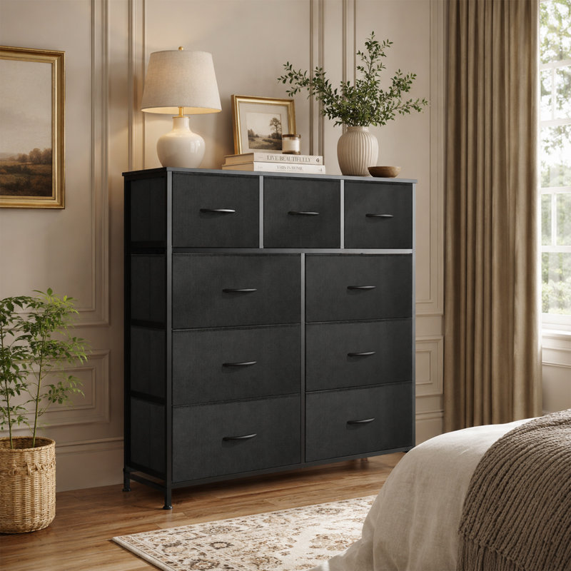 Commode 9 tiroirs avec plateau en bois Reinardo, Noir