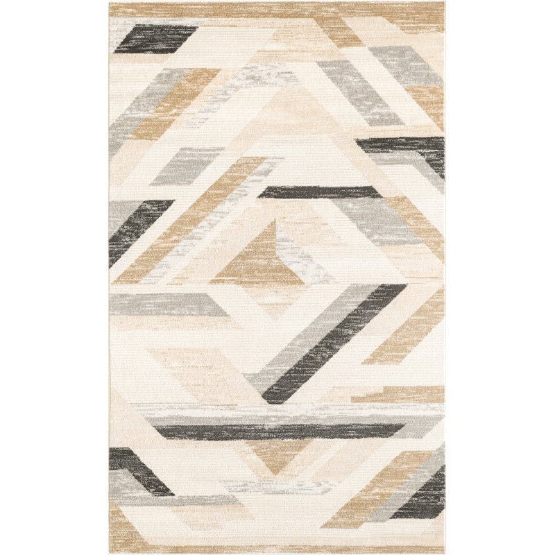 Geometric Machine Woven Polypropylene Area Rug in Black/Beige/Grey, Rectangle 5' x 8'