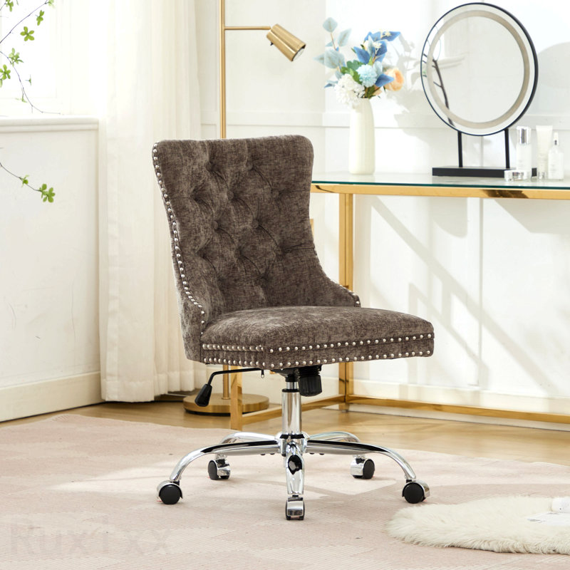 Chaise de bureau grise, fauteuil de bureau moderne capitonné en chenille, avec base en métal chromé, chaise de bureau pivotante réglable