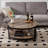 35.4"round double-layer wooden coffee table with storage, featuring a black industrial-style metal frame