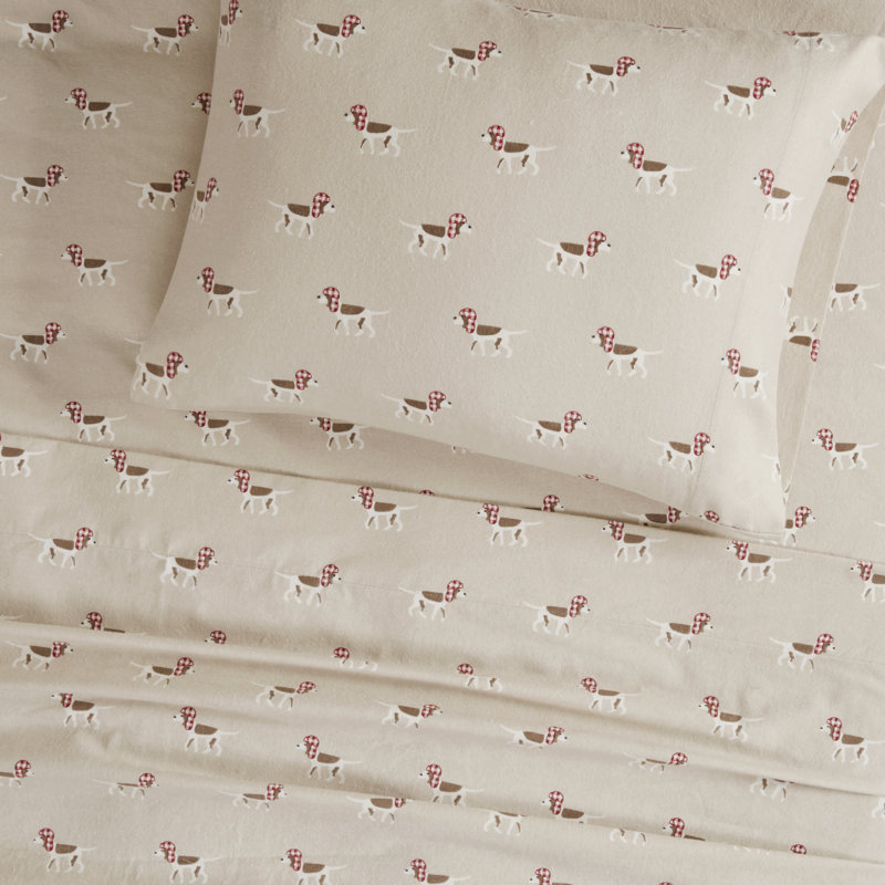 Woolrich 100% Cotton Flannel Sheet Set, Full Sheet Set with 2 Pillowcases, Tan Dog