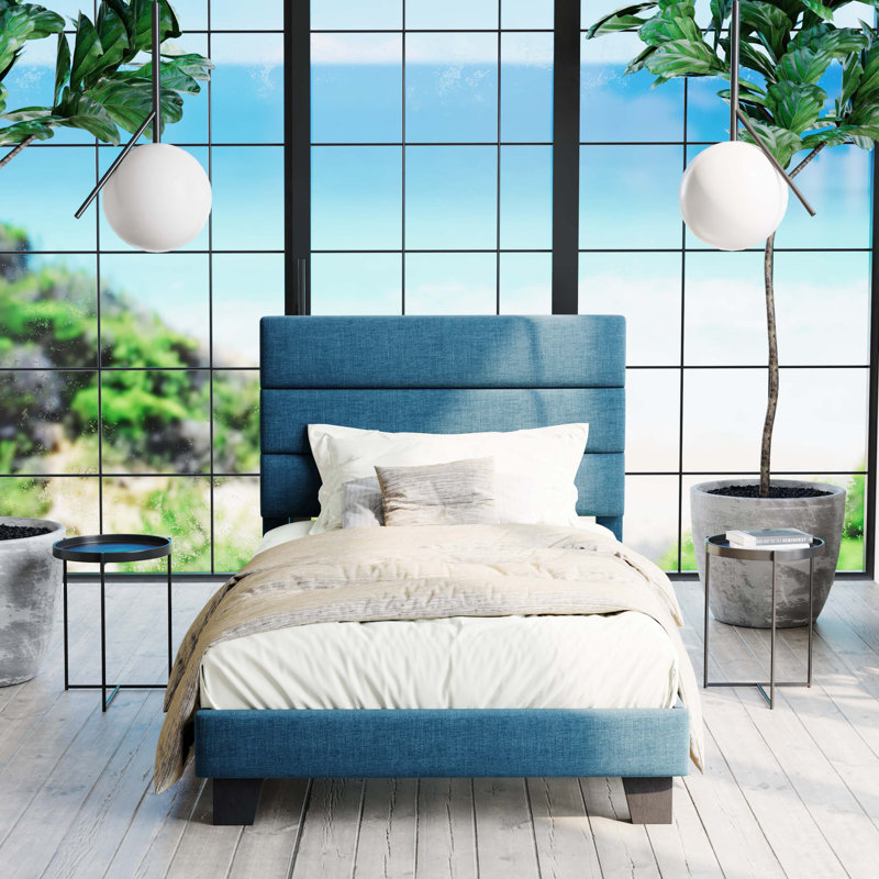 Lit plateforme Elison avec tête de lit tapissier en tissu et lattes en bois, Simple, Bleu marine