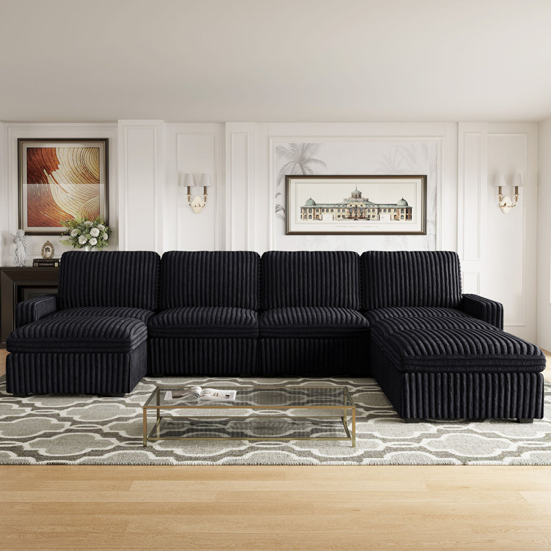 Wide U Shaped Sofa Storage Couch With Ottoman Chaise, Sectional Modular Sofa Livingroom Apartment Couch, Black Plush Corduroy