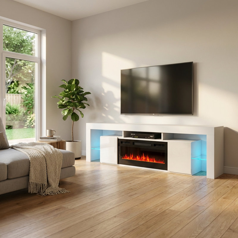 Soleo 78.7" Modern TV Stand with Electric Fireplace, High Gloss Finish, Media Storage, White