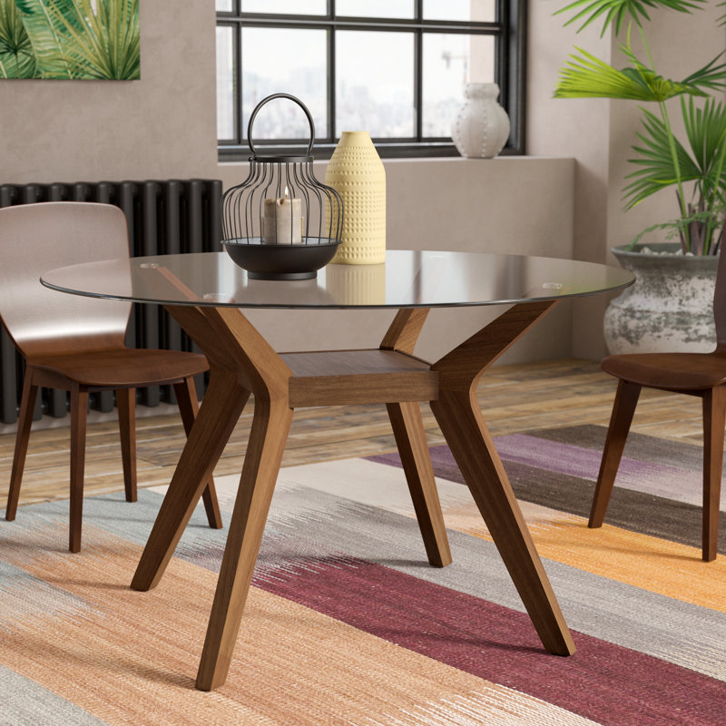 Hayek Round Glass Top Solid Wood Base Dining Table