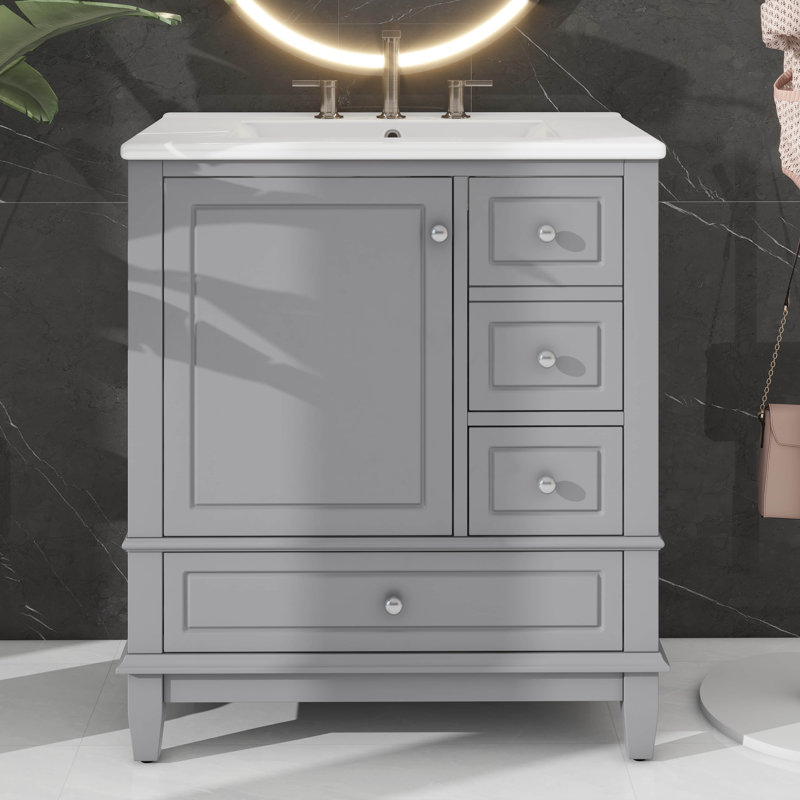 Meuble-lavabo pratique de 30 po avec lavabo - équipé d'une porte (avec tablette) et de trois tiroirs à fermeture en douceur
