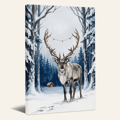 Reindeer With String Lights In Snowy Forest Near Christmas Canvas Wall Art