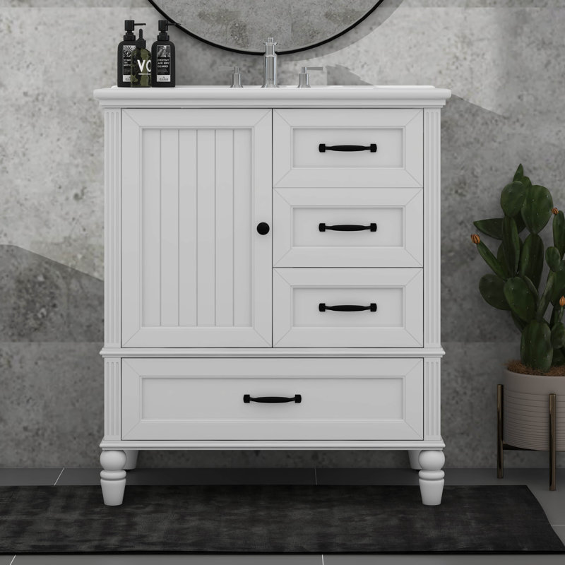 Meuble-lavabo 30 po avec lavabo en céramique 30 po, 3 tiroirs, Blanc