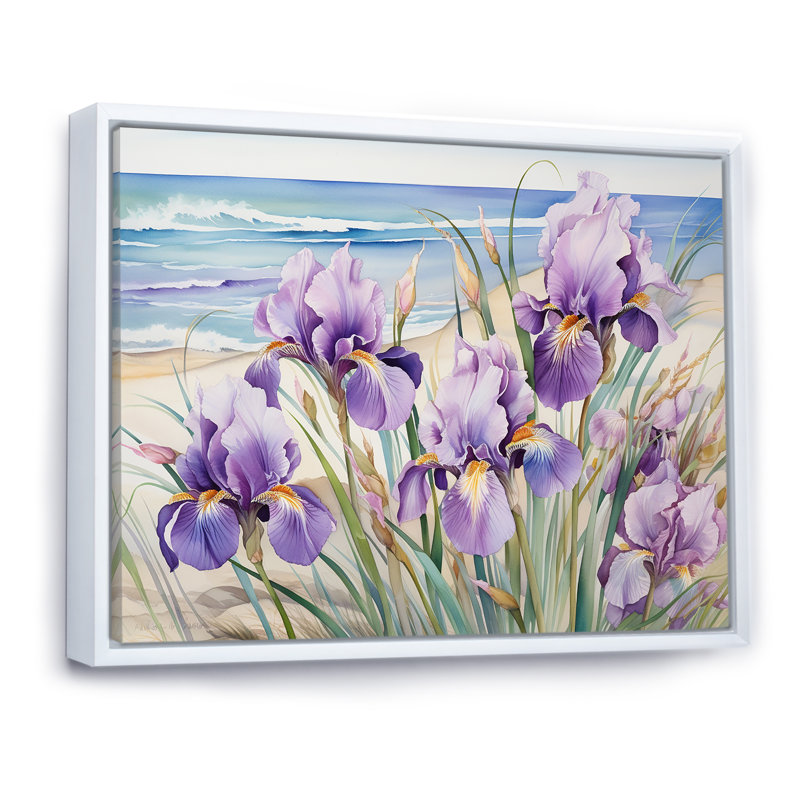 Iris mauves sur la plage sur toile, Cadre flottant blanc, H 24 po x l 32 po x P 1 po