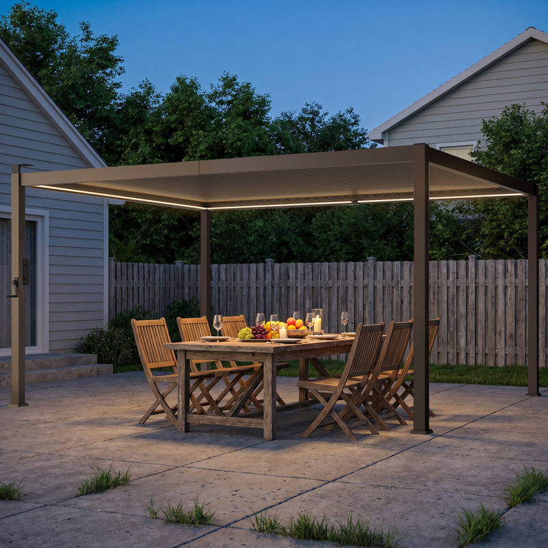 Metal Pergola with Louvered and Solar LED, 12 ft x 14 ft